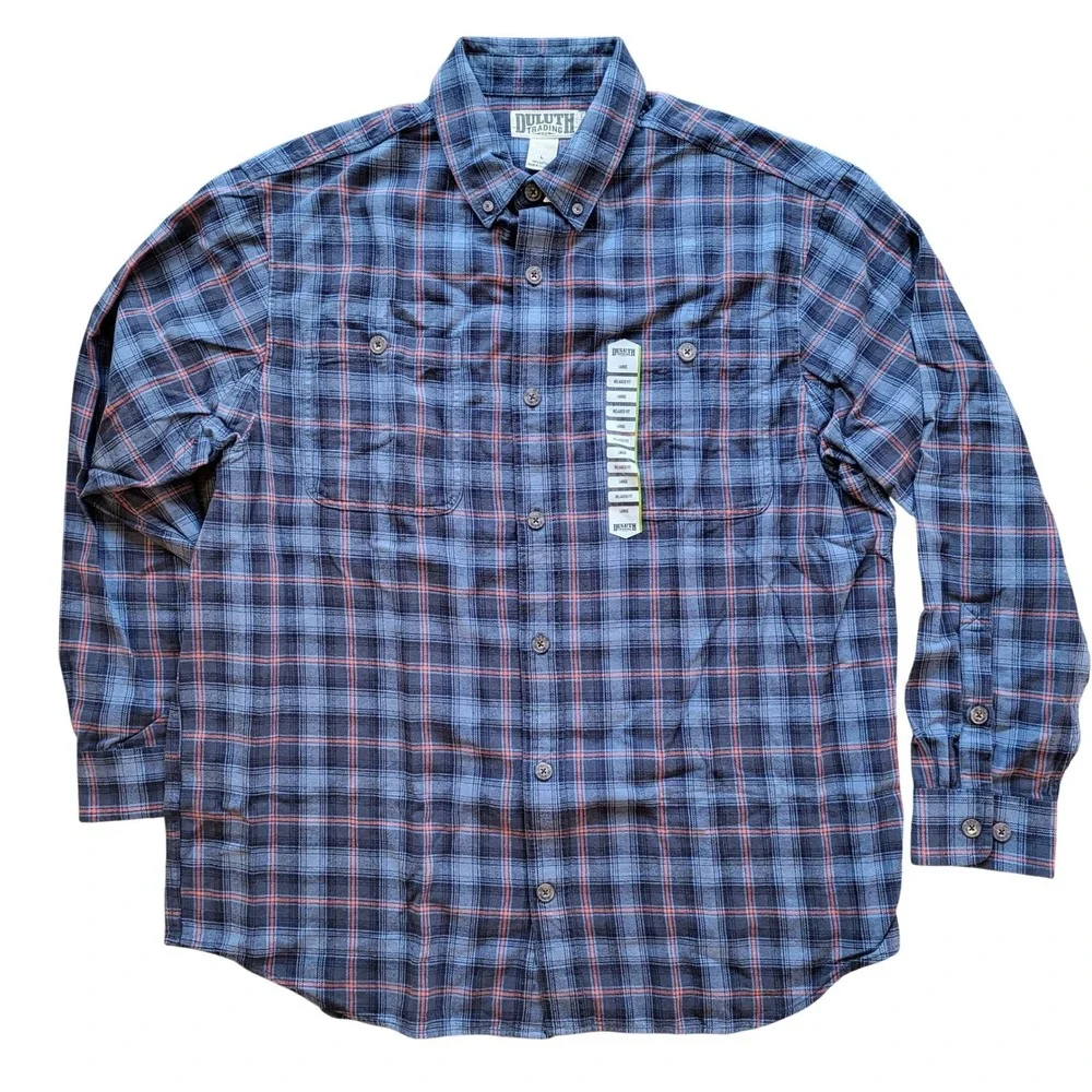NWT Duluth Trading Co Mens Free Swingin Flannel Blue Orange Plaid L 52007 IKD